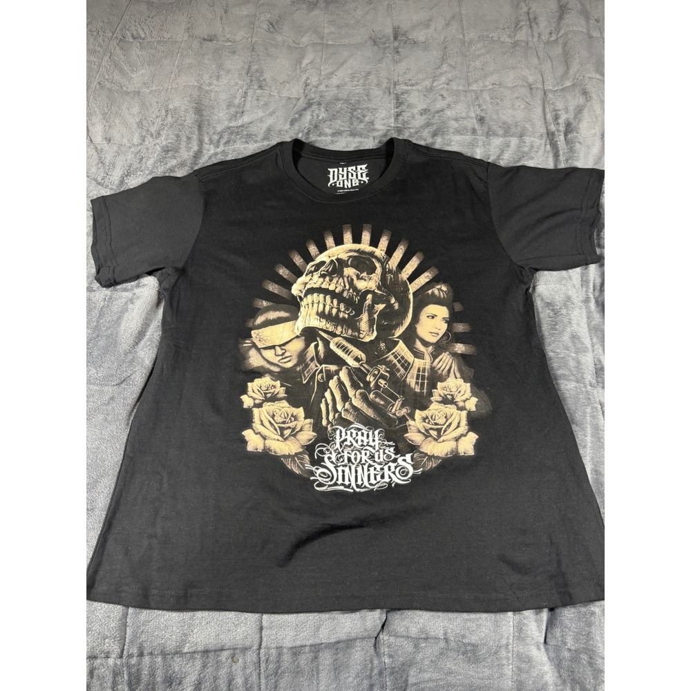Dyse One Mens Pray For Us Sinners Skull Roses Graphic T-Shirt Black 2XL 6601